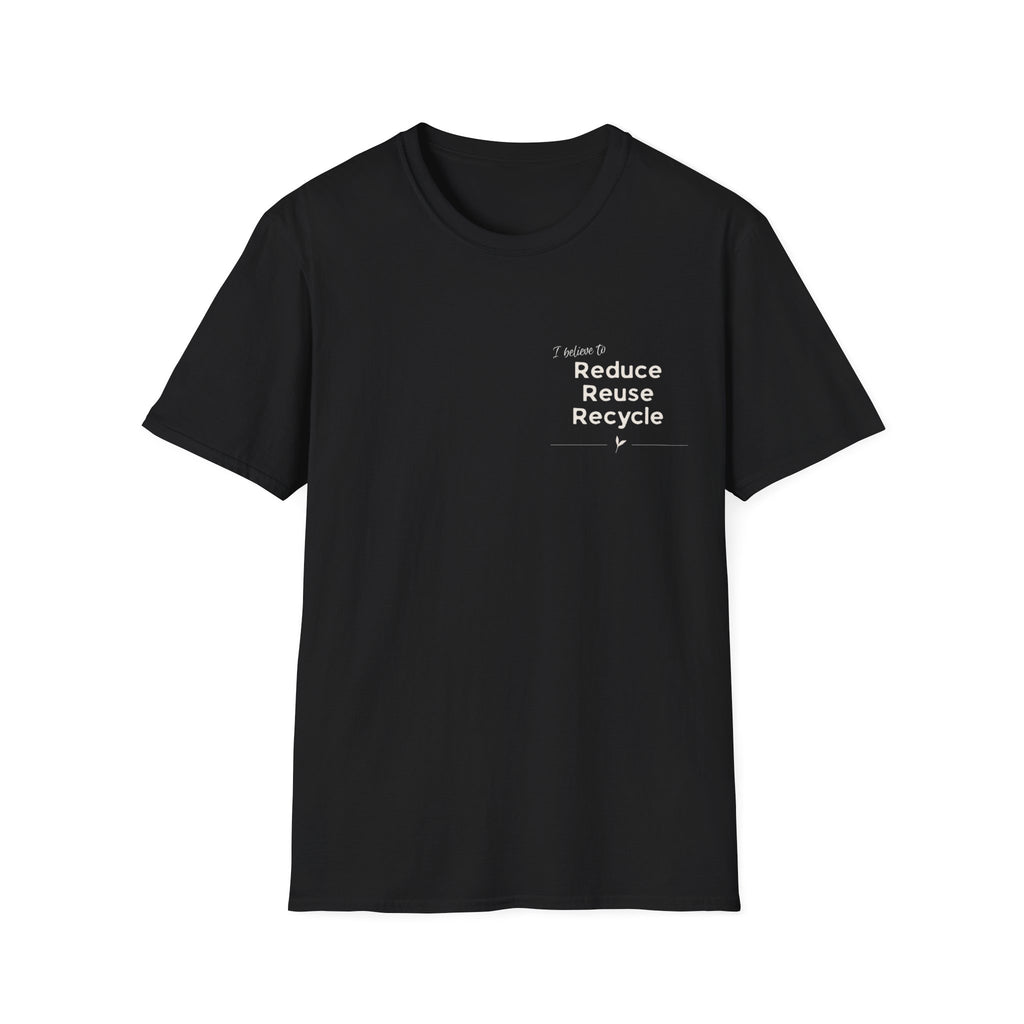 Unisex black T-shirt with centered 'Reduce Reuse Recycle' logo print