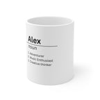 White mug with Alex noun definition text and list: Adventurer, Music Enthusiast, Creative thinker
