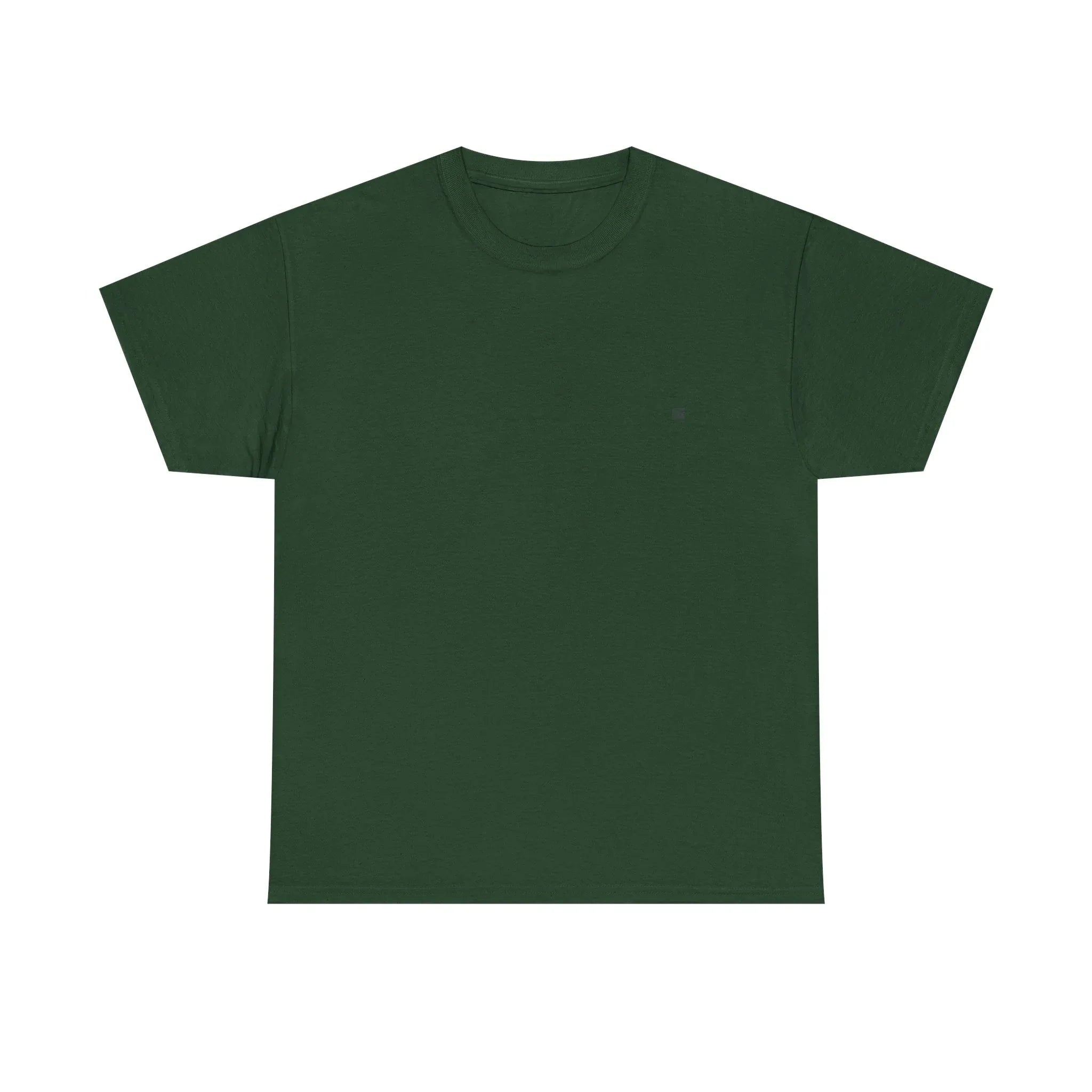 Dark green heavy cotton T-shirt with crew neck and short sleeves, unisex fit.