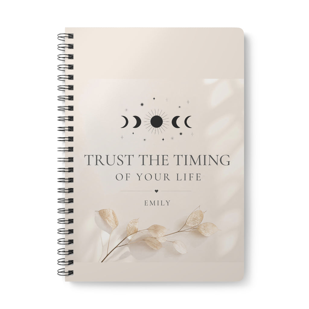 Personalized A5 lined notebook, beige cover with floral quote design and spiral binding