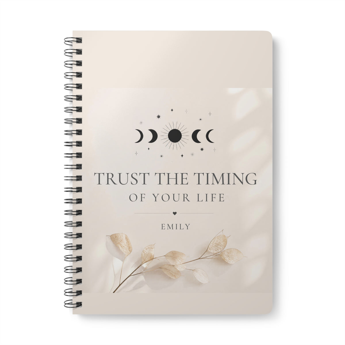 Personalized A5 lined notebook, beige cover with floral quote design and spiral binding