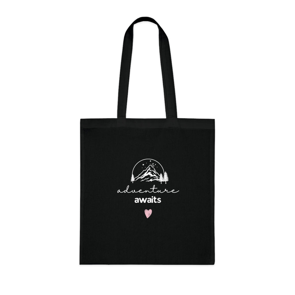 Black cotton tote bag with mountain sketch and 'adventure awaits' text, pink heart