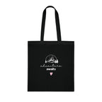 Black cotton tote bag with mountain sketch and 'adventure awaits' text, pink heart