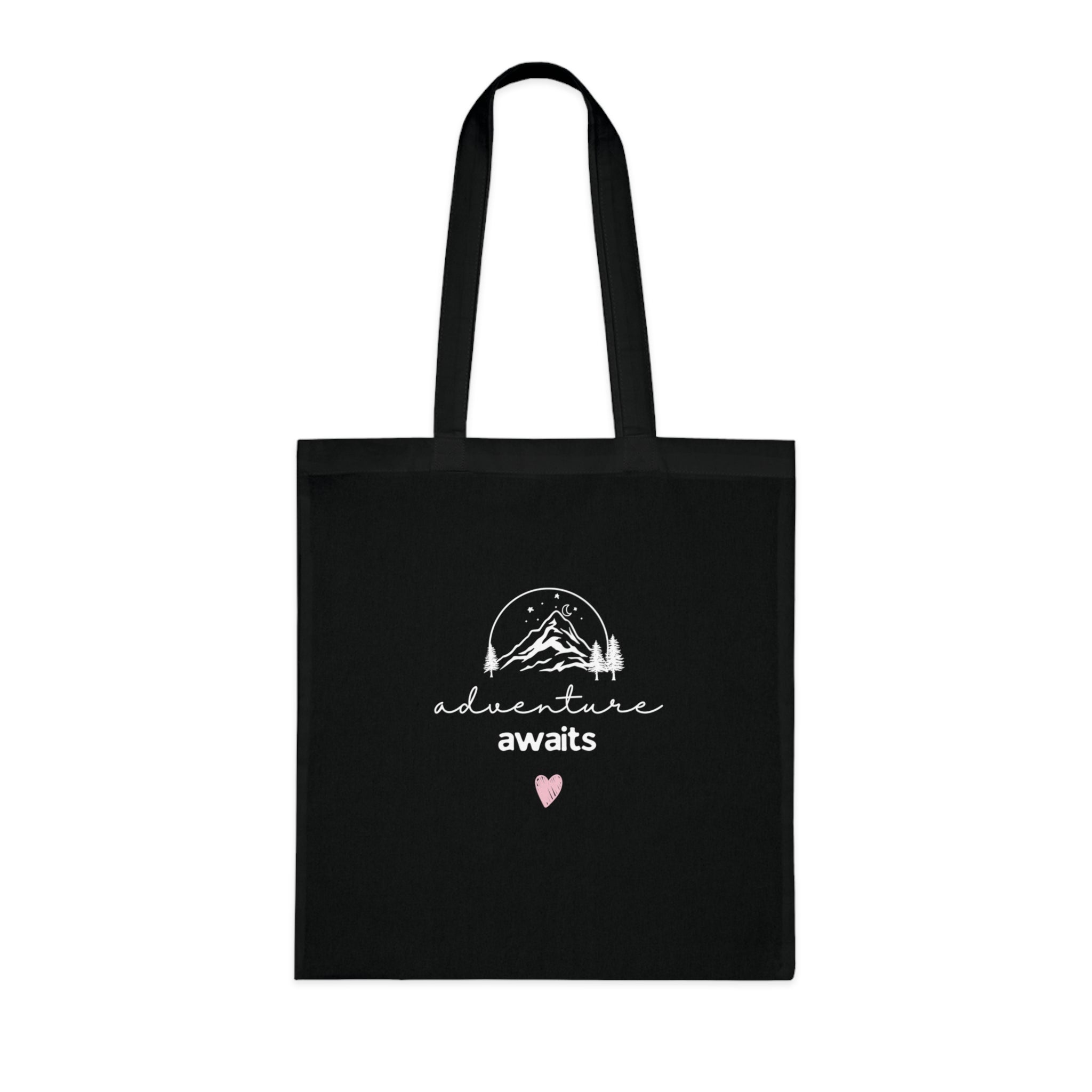Black cotton tote bag with mountain sketch and 'adventure awaits' text, pink heart