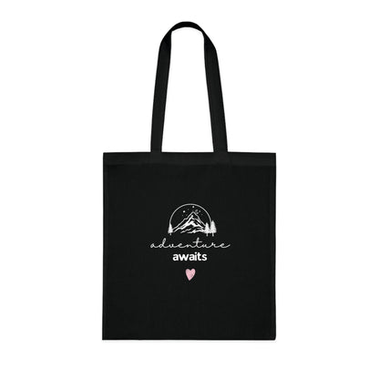Adventure Awaits Cotton Tote — Mountain Sketch & Heart Canvas Bag