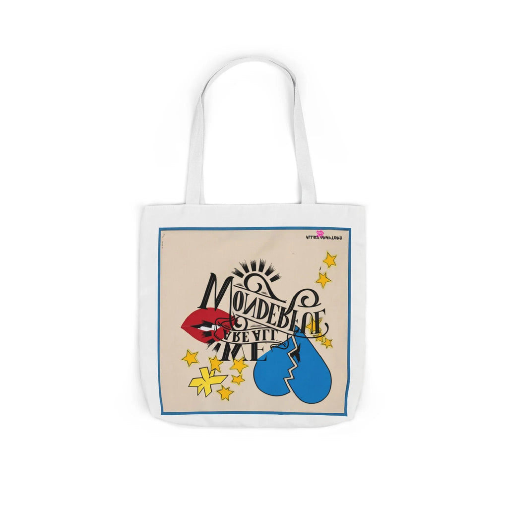 Front view of white tote bag with blue trim and colorful graphic