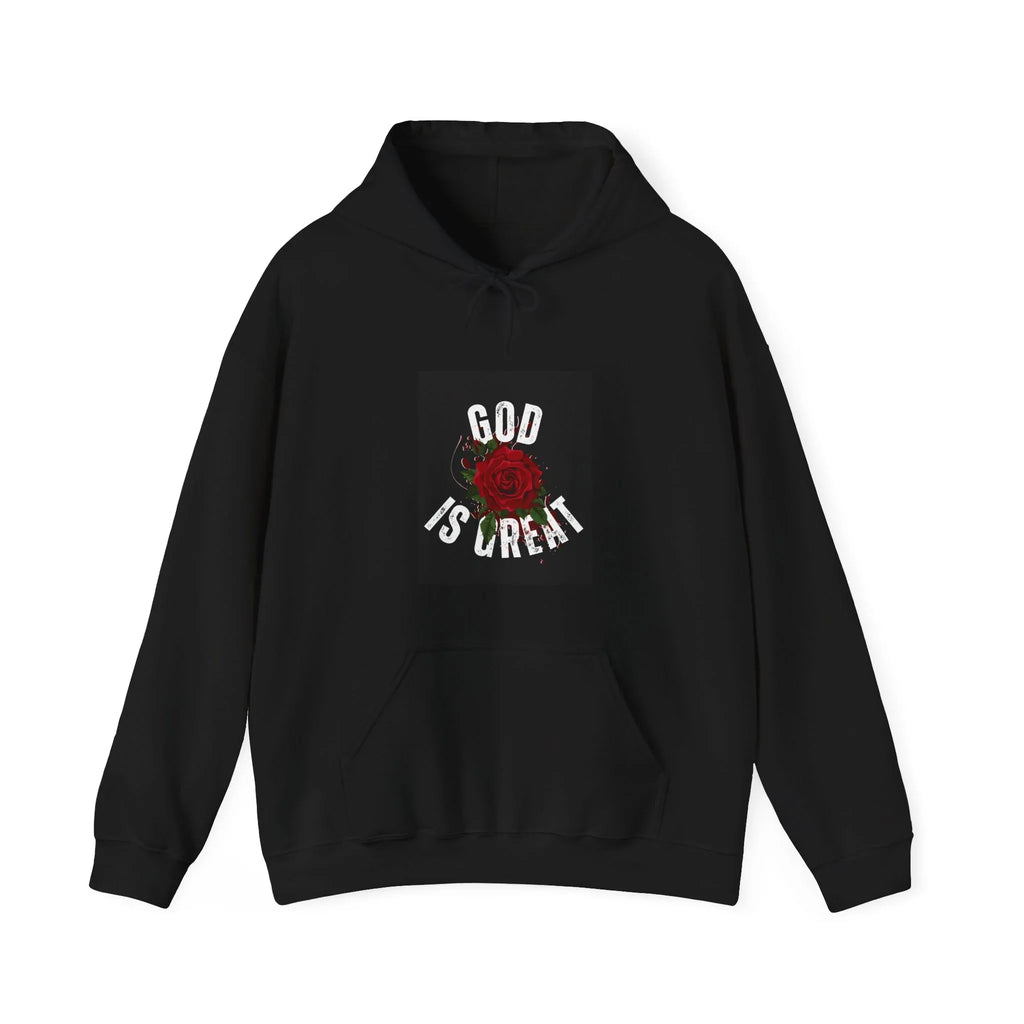 Black hooded sweatshirt with front kangaroo pocket and 'GOD IS GREAT' rose print