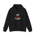 Black hooded sweatshirt with front kangaroo pocket and 'GOD IS GREAT' rose print