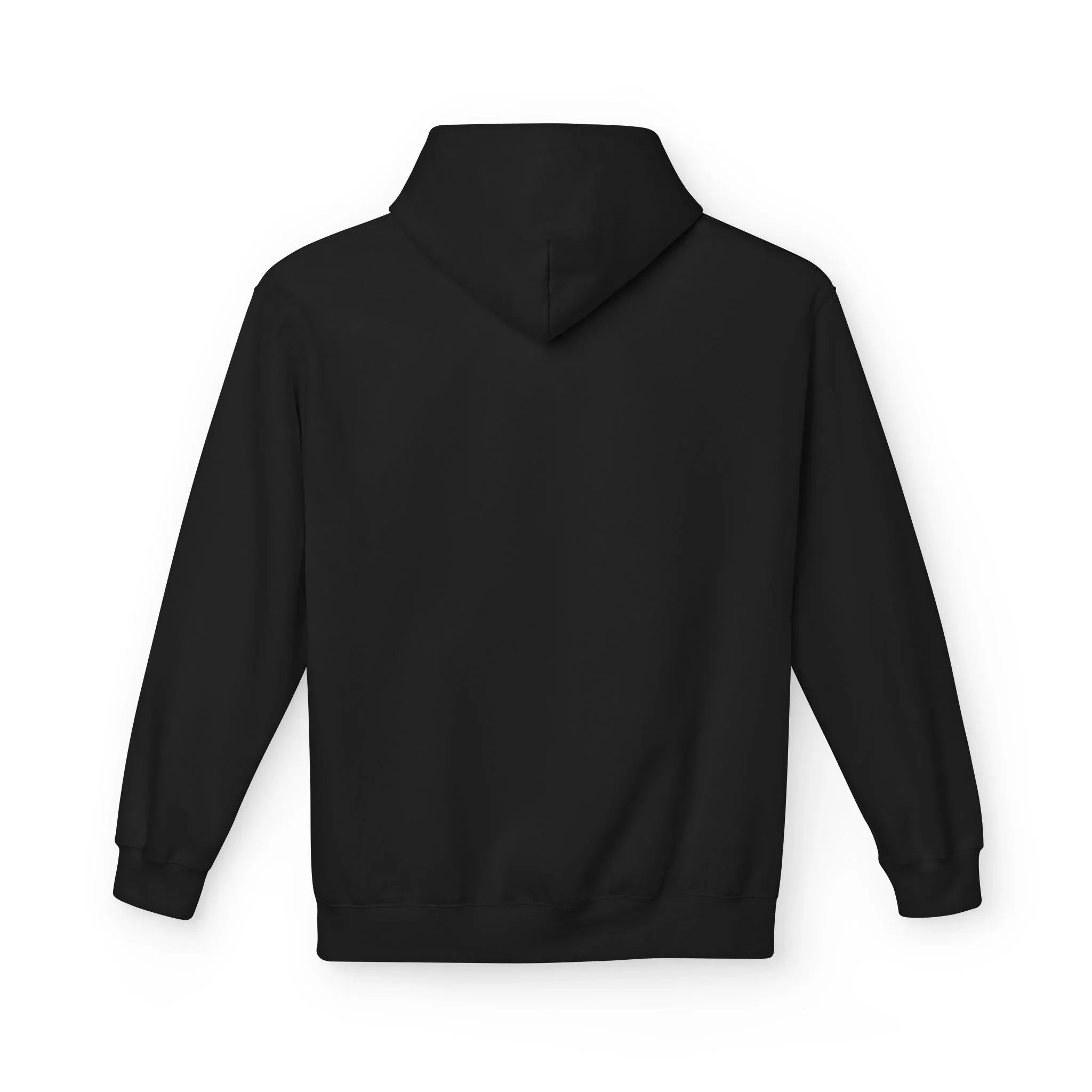 Black pullover hoodie with hood, plain back view, long sleeves.