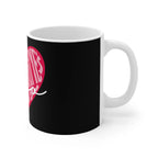 Black ceramic mug with partial pink heart “Happy Valentine’s Day” print
