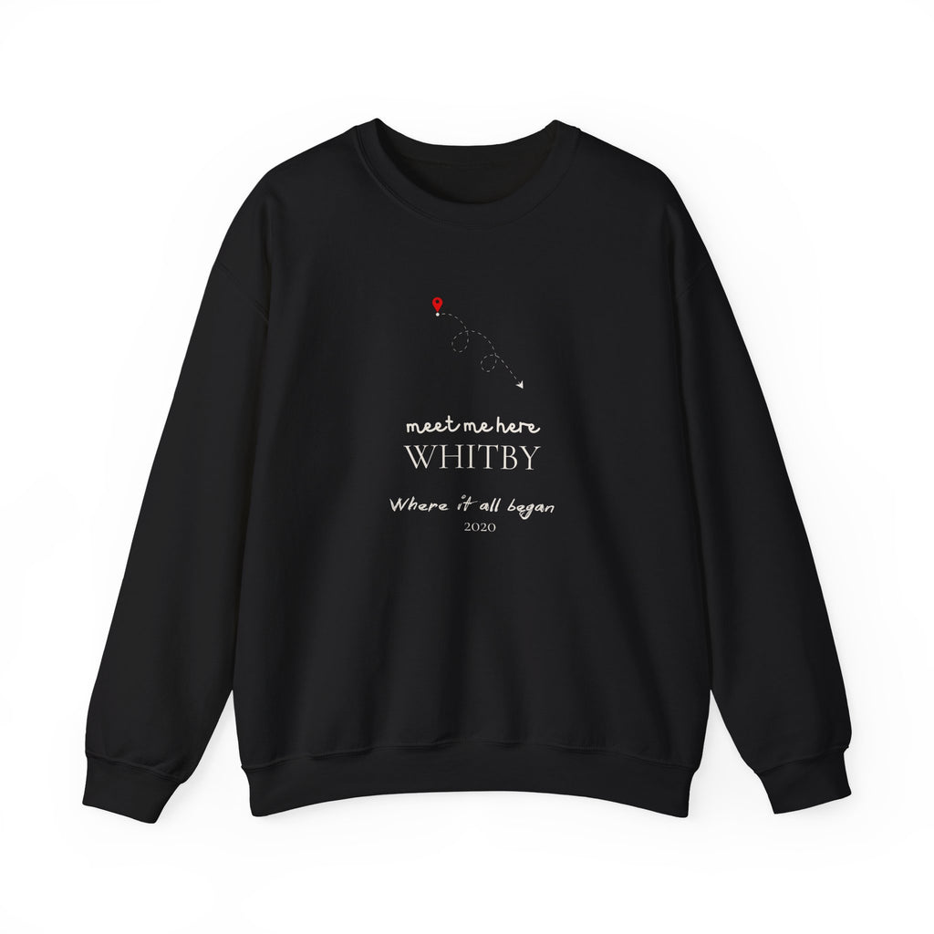 Black personalised place name sweatshirt with WHITBY 'meet me here' print