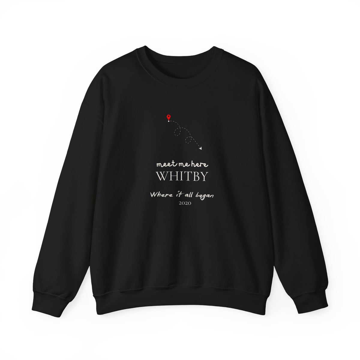 Black personalised place name sweatshirt with WHITBY 'meet me here' print
