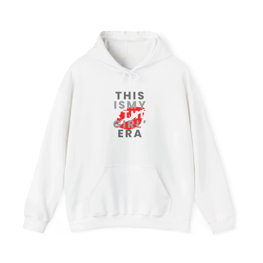 White pullover hoodie, hooded sweatshirt with front "THIS IS MY BIRTHDAY GIRL ERA" graphic