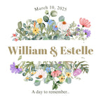 White mug design with floral artwork and 'William & Estelle', 'March 10, 2025'