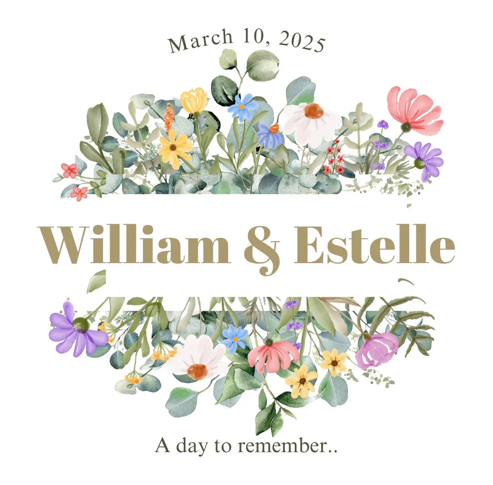 White mug design with floral artwork and 'William & Estelle', 'March 10, 2025'