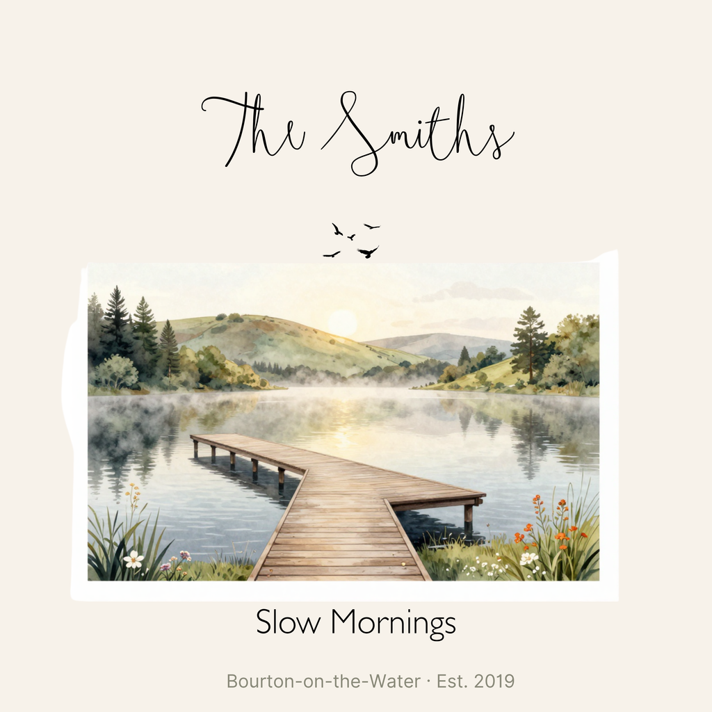 White canvas tote bag with personalized script name and watercolor lake sunrise print