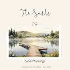 White canvas tote bag with personalized script name and watercolor lake sunrise print