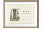 Framed canvas print with illustrated home and gray front door, with address lines and leaves