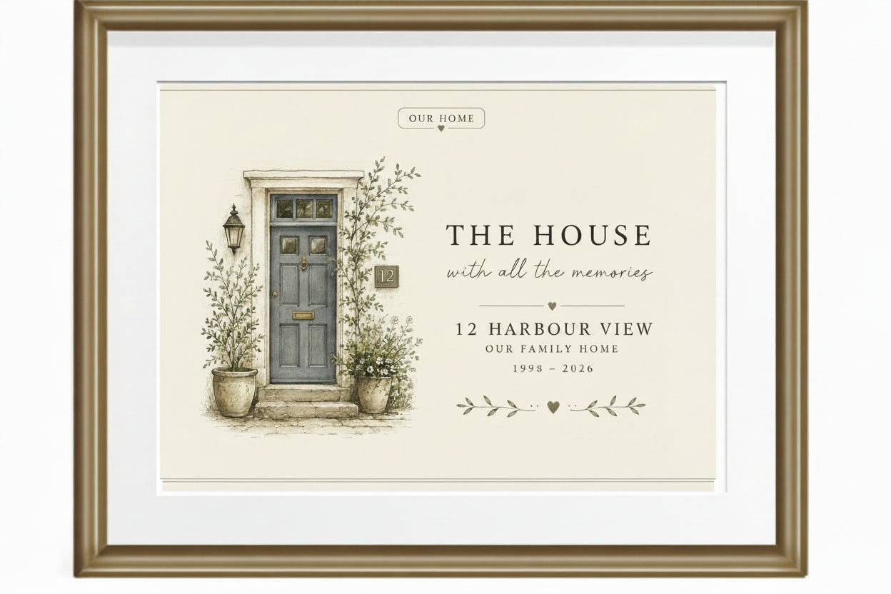 Framed canvas print with illustrated home and gray front door, with address lines and leaves