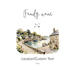 Personalised white tote bag artwork with family name and riverside village scene
