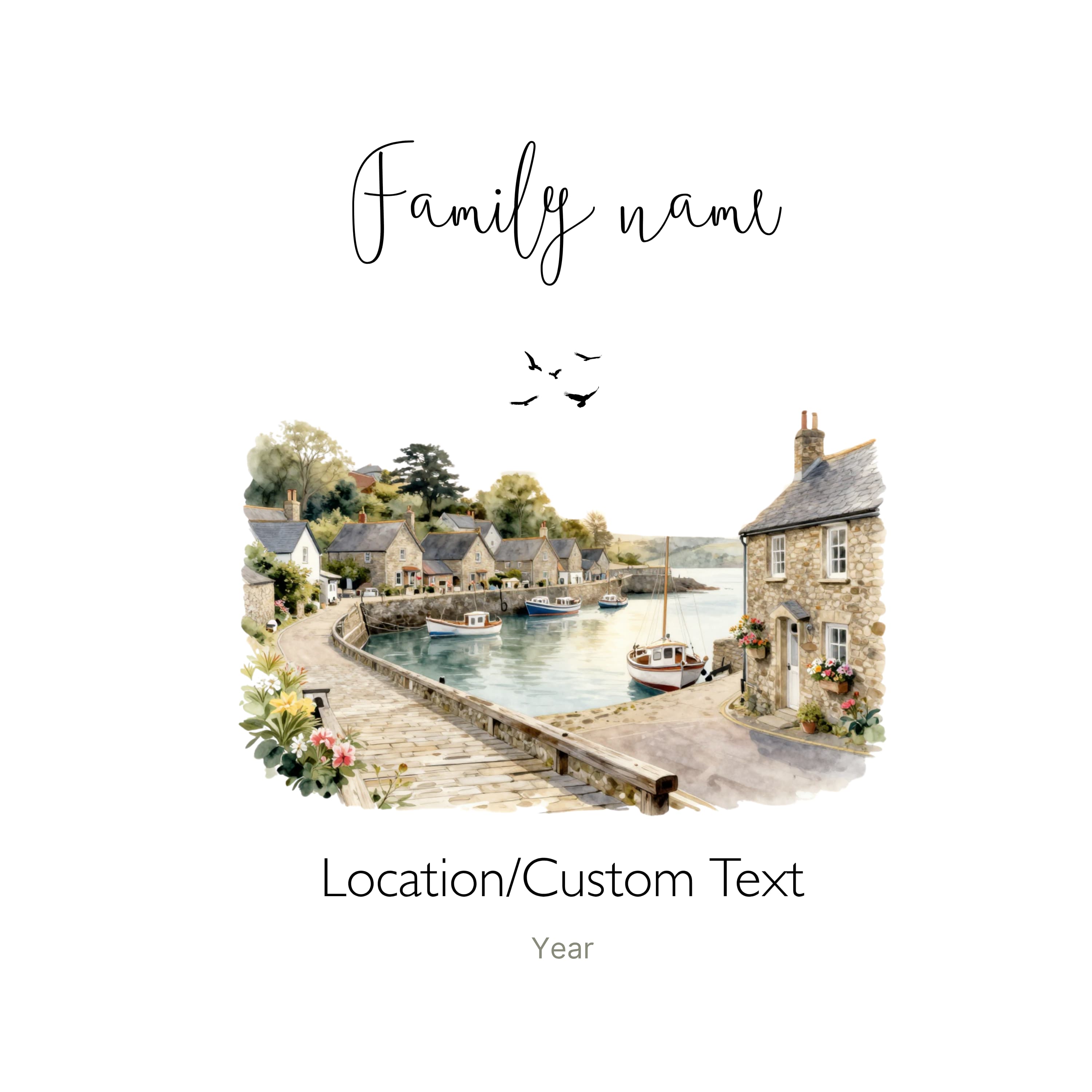 Personalised white tote bag artwork with family name and riverside village scene