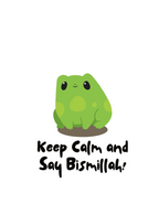 White cotton tote bag print with green frog and Keep Calm and Say Bismillah