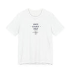 White crew-neck short-sleeve T-shirt with 'GOOD ENERGY ONLY' chest graphic