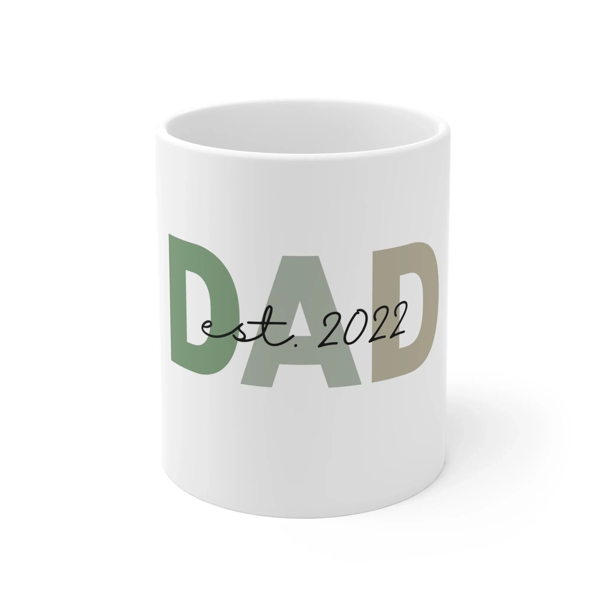 White ceramic coffee mug with DAD and Est. 2022 print on front
