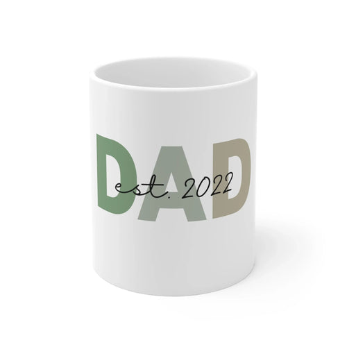 White ceramic coffee mug with DAD and Est. 2022 print on front