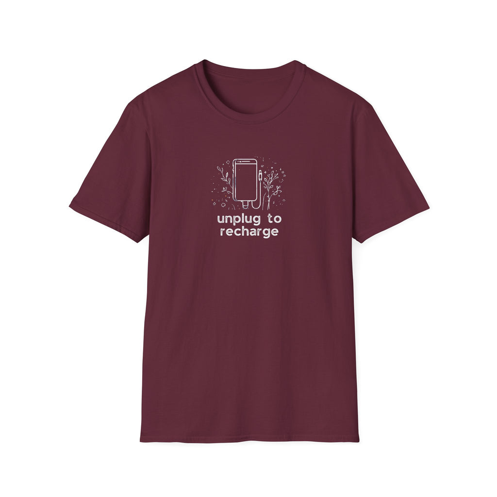 Maroon unisex T-shirt with centered 'unplug to recharge' phone and floral graphic