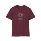 Maroon unisex T-shirt with centered 'unplug to recharge' phone and floral graphic