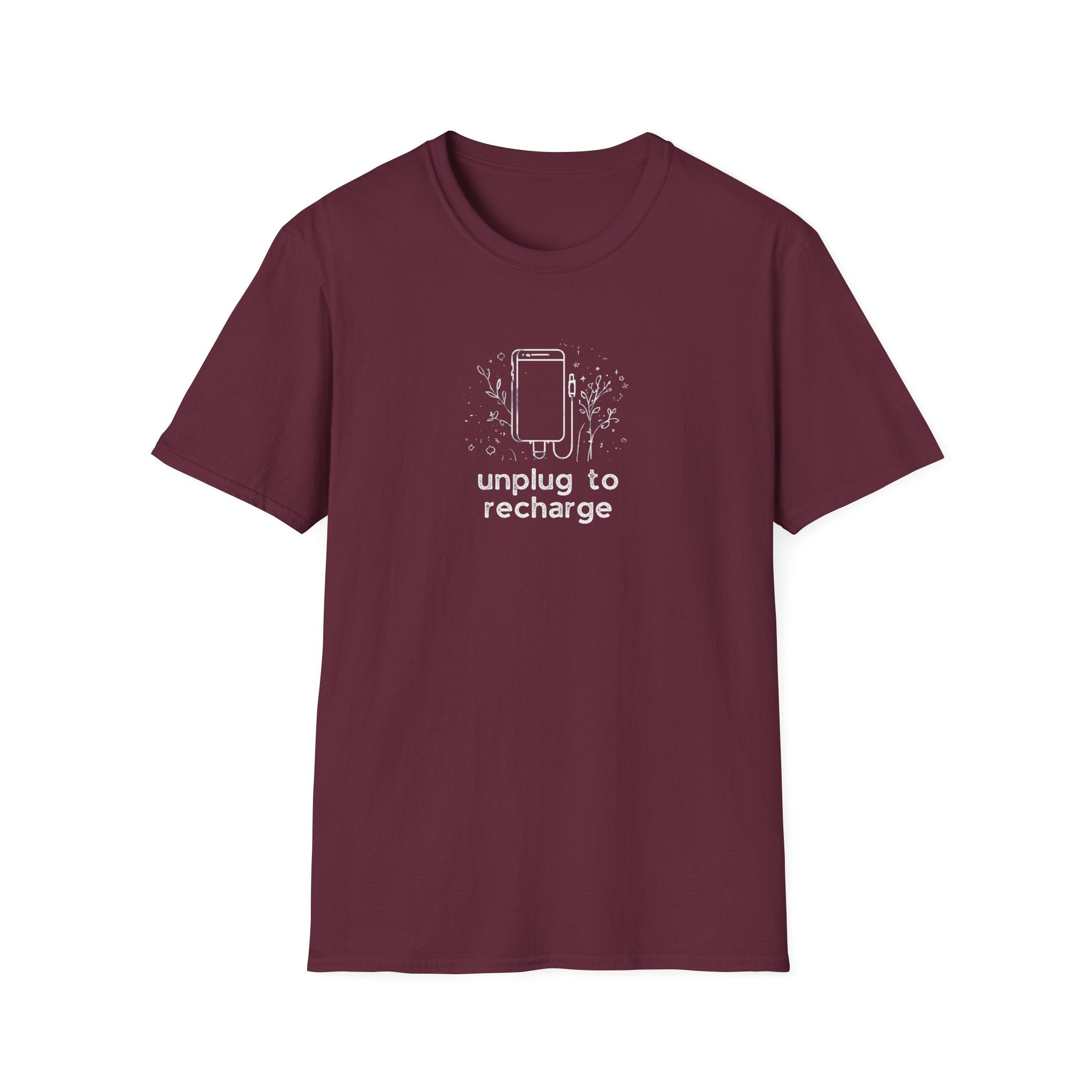 Maroon unisex T-shirt with centered 'unplug to recharge' phone and floral graphic