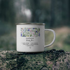 White enamel mug with purple floral panel and 'SOPHIE known for…' quote, handle.