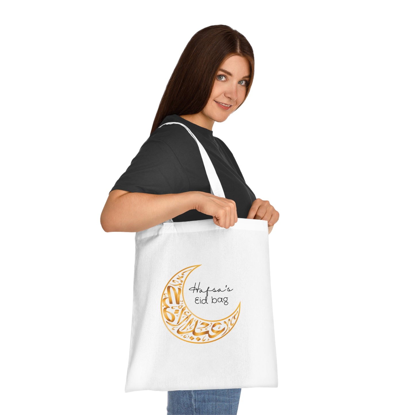 Personalised Eid Tote Bag | Custom Name Gold Crescent Moon Cotton Bag | Islamic Gift