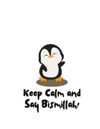 White cotton tote bag print with black-and-white penguin and Keep Calm and Say Bismillah