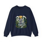 Unisex navy sweatshirt with “Plant More Trees” nature graphic on front