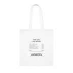 White receipt tote bag with printed care receipt text panel and barcode, flat view