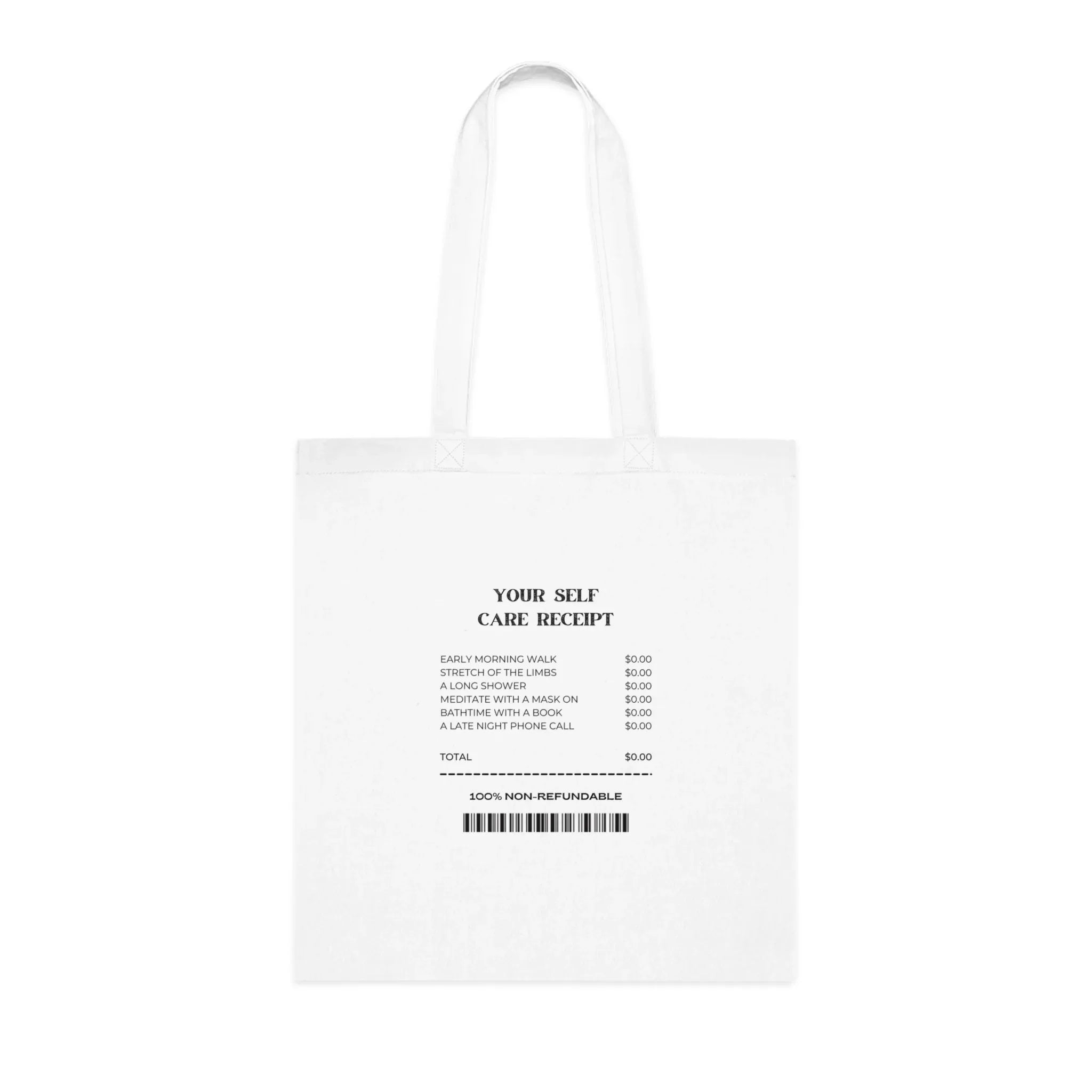 White receipt tote bag with printed care receipt text panel and barcode, flat view
