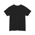Unisex heavy cotton t-shirt, black crew neck short-sleeve (angled view)