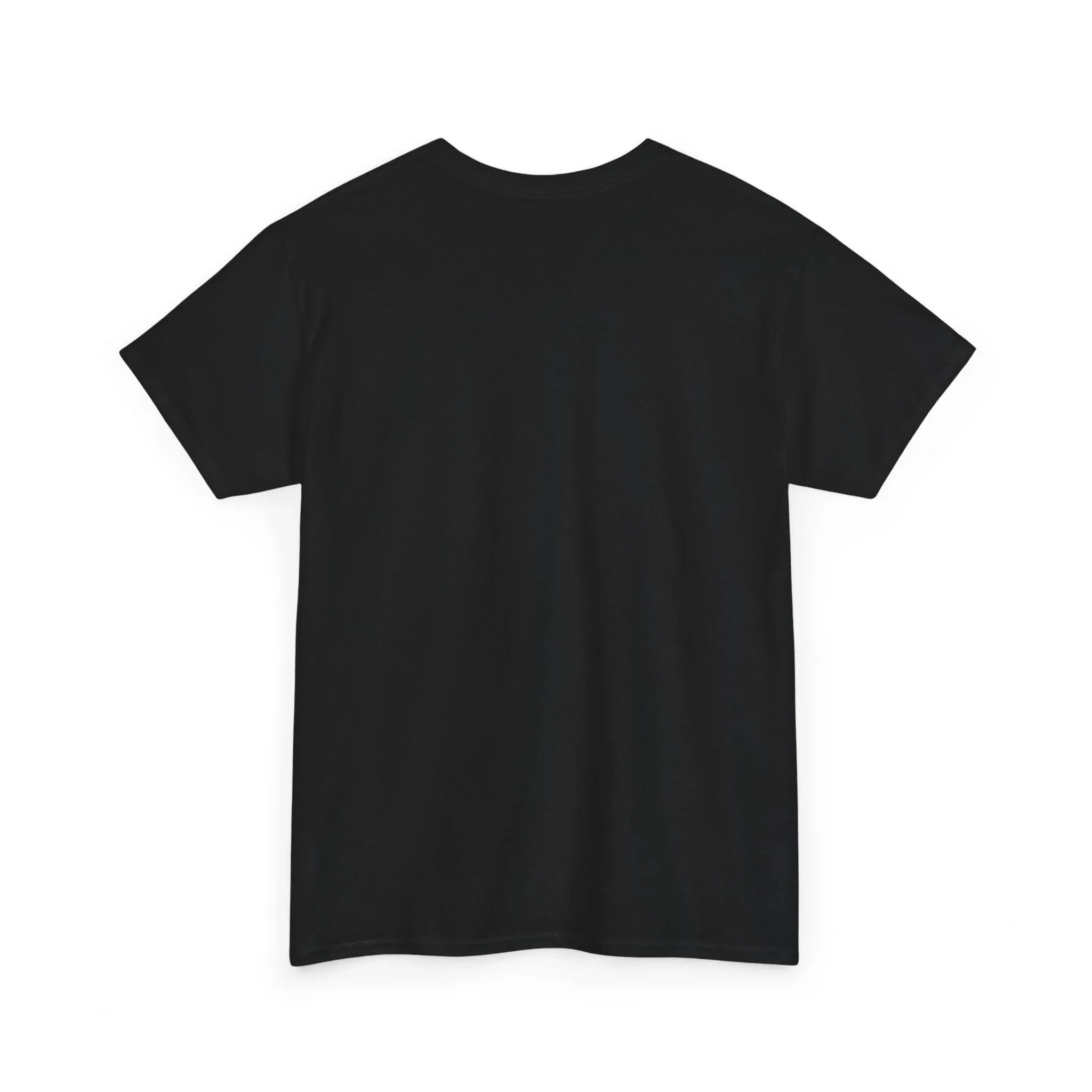 Unisex heavy cotton t-shirt, black crew neck short-sleeve (angled view)