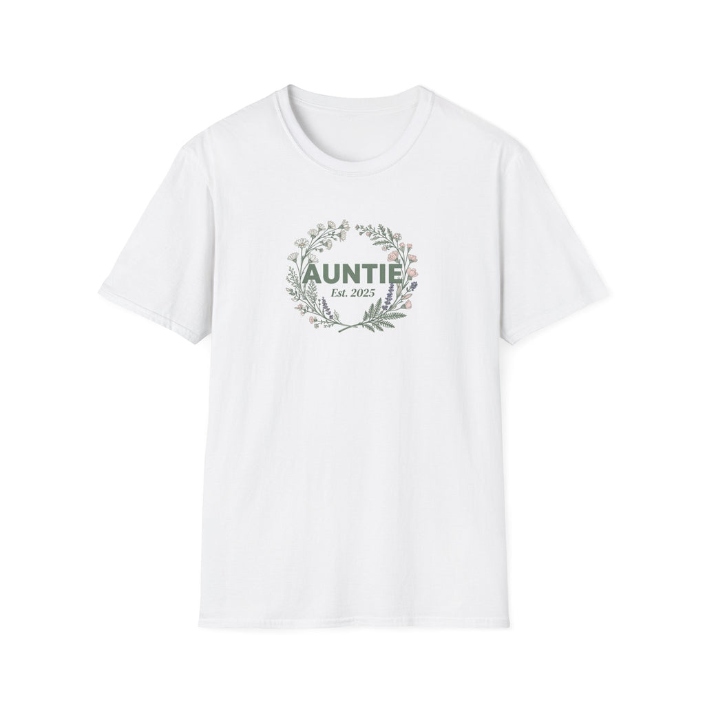White T-shirt with small floral wreath print reading “AUNTIE Est. 2025”