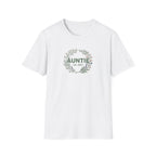 White T-shirt with small floral wreath print reading “AUNTIE Est. 2025”