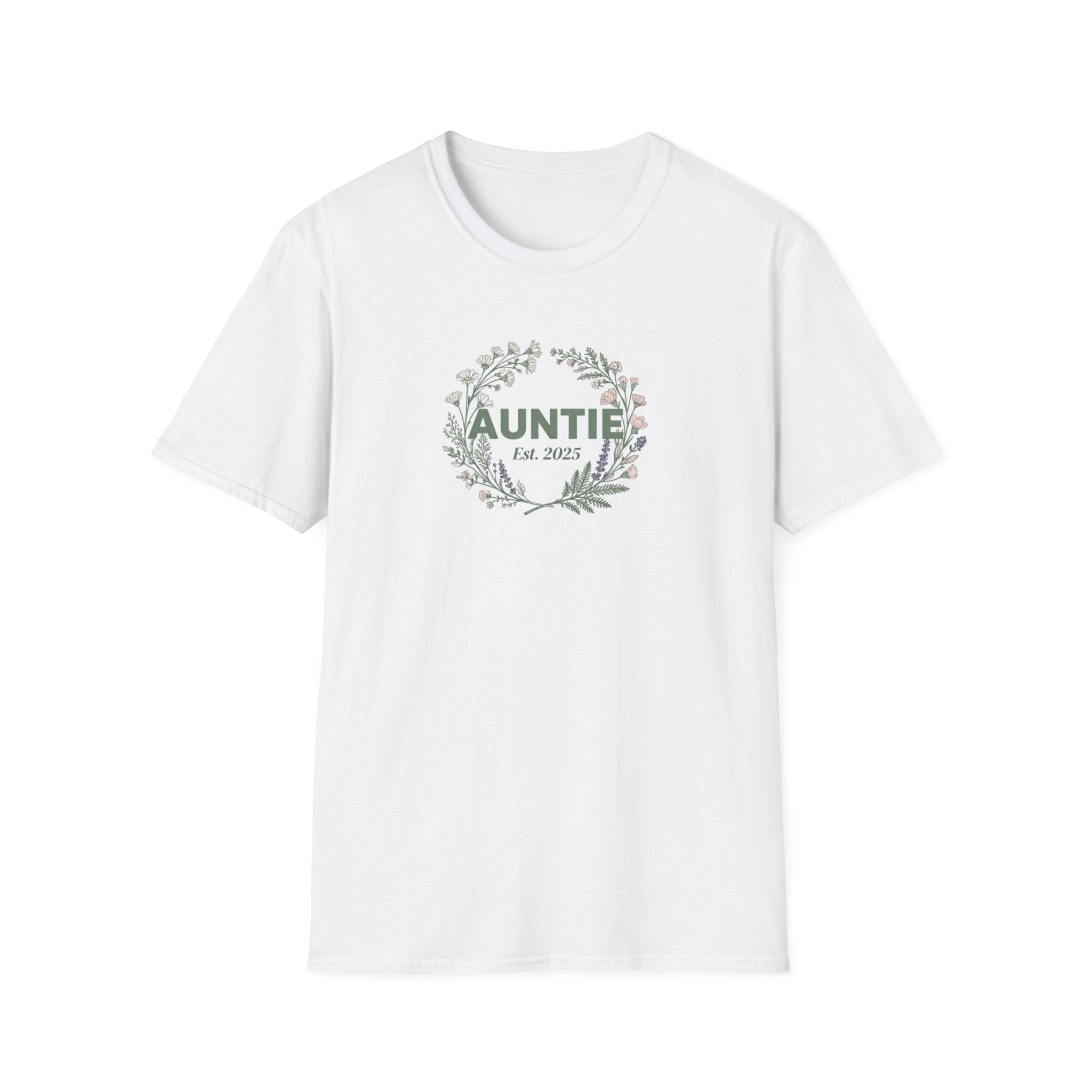 White T-shirt with small floral wreath print reading “AUNTIE Est. 2025”