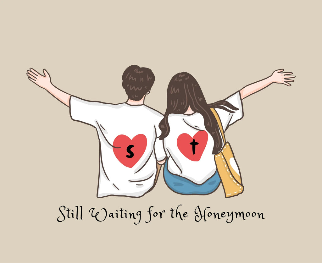 Hoodie front illustration with heart figures and 'Still Waiting for the Honeymoon'.