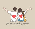 Hoodie front illustration with heart figures and 'Still Waiting for the Honeymoon'.