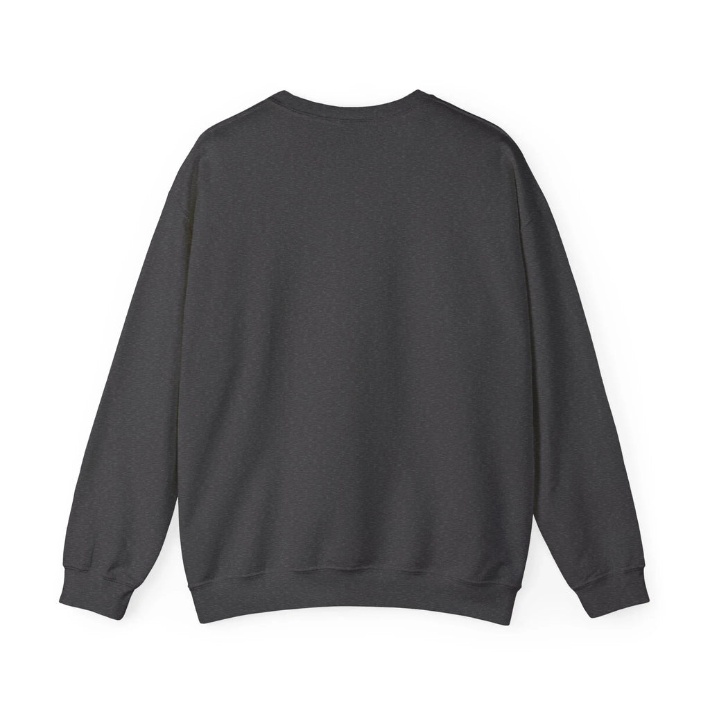 Charcoal crewneck sweatshirt with ribbed cuffs and hem, no visible front graphic
