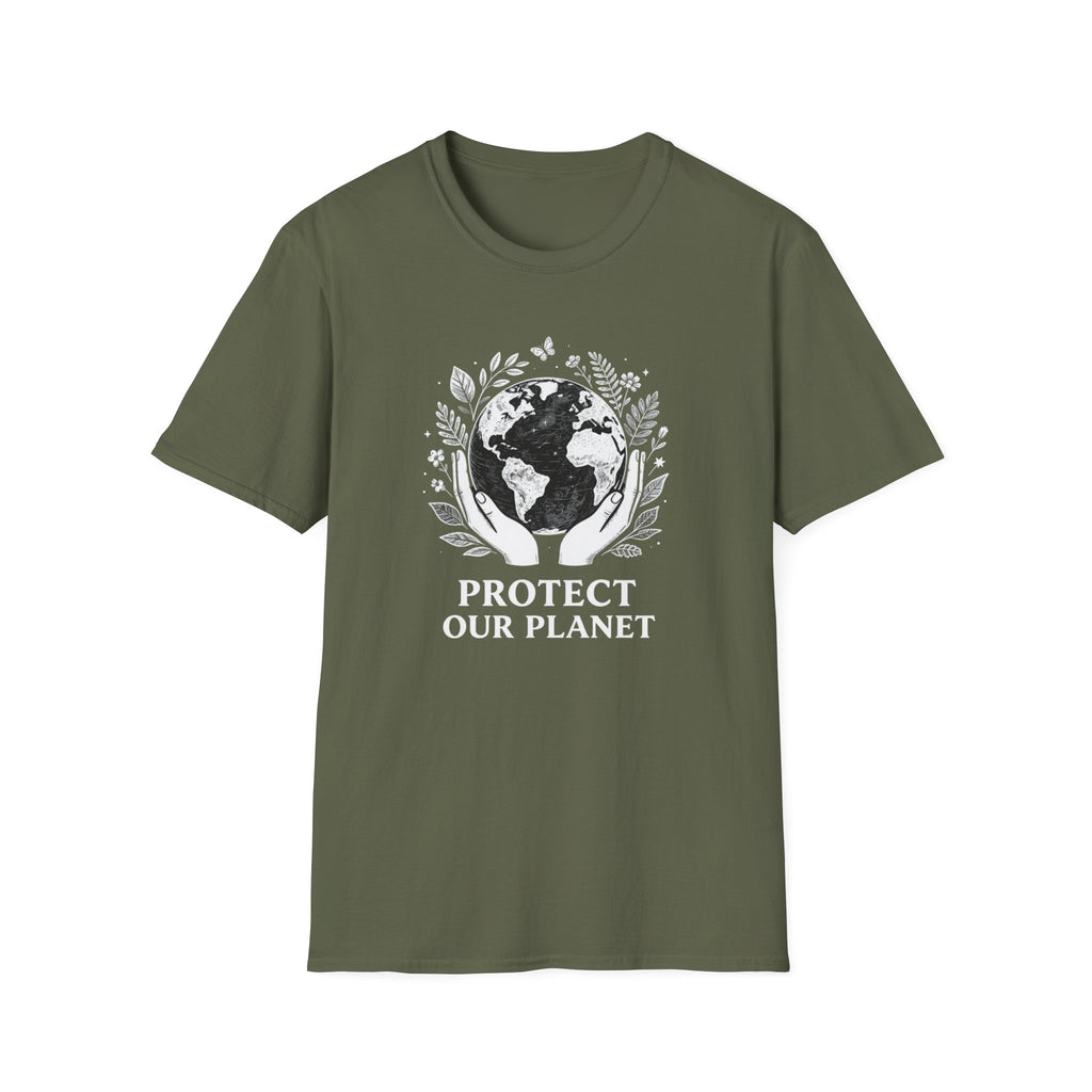 Olive green T-shirt with globe laurel graphic: 'PROTECT OUR PLANET'