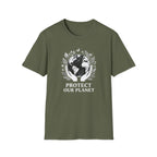 Olive green T-shirt with globe laurel graphic: 'PROTECT OUR PLANET'