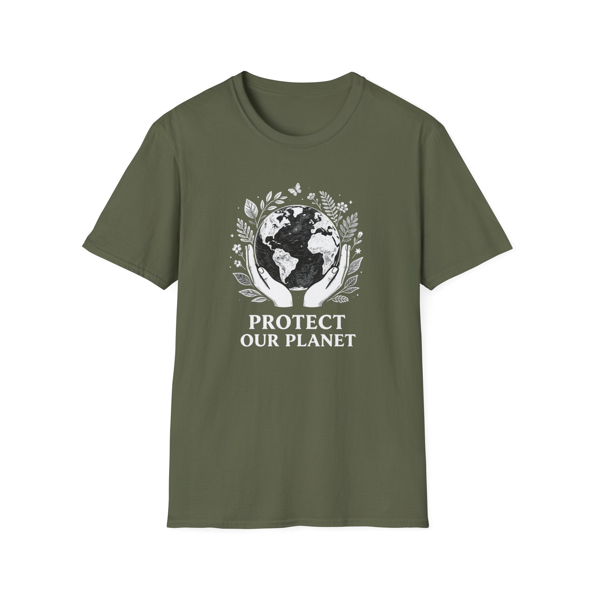 Olive green T-shirt with globe laurel graphic: 'PROTECT OUR PLANET'