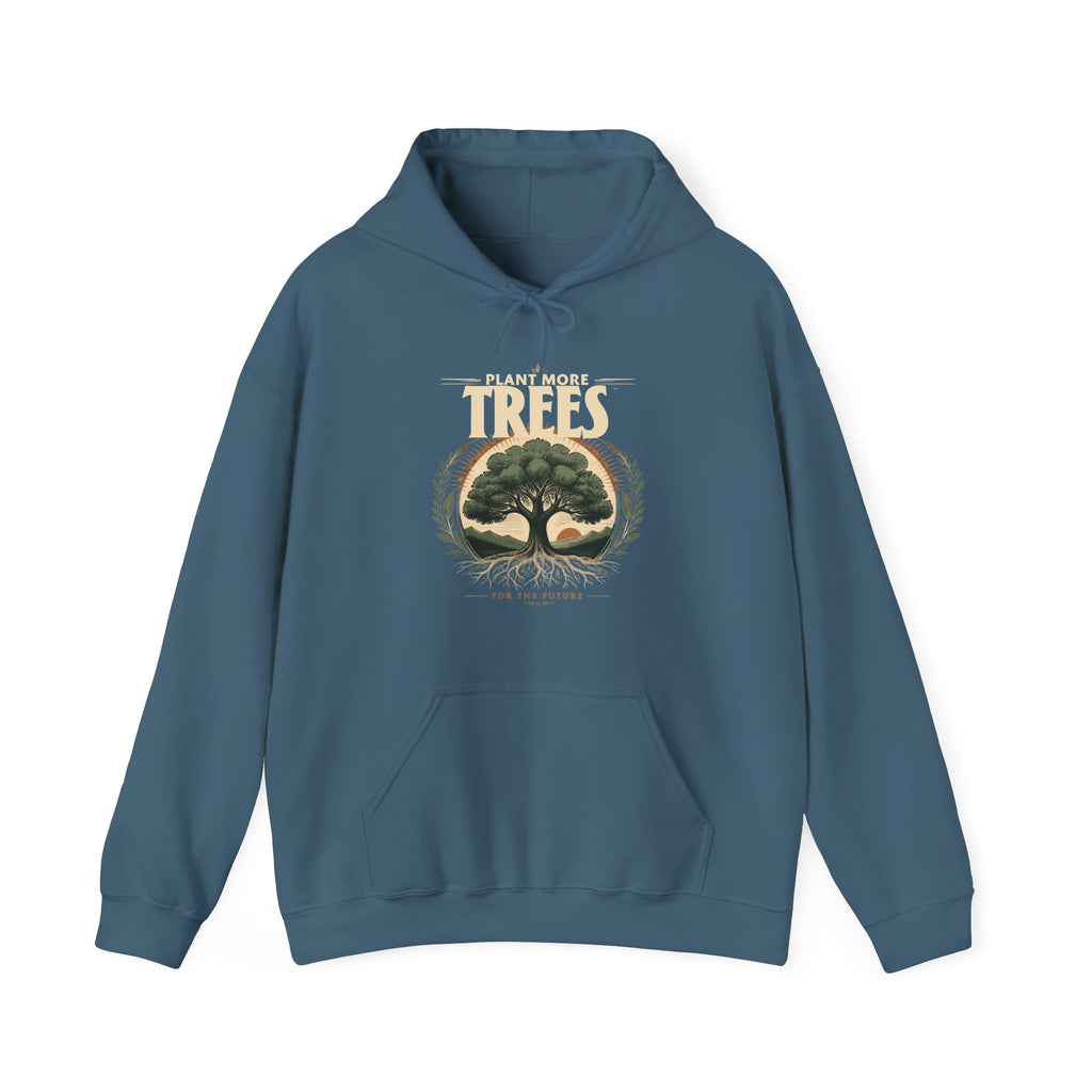 Blue unisex pullover hoodie with “Plant More Trees” tree graphic and front pocket